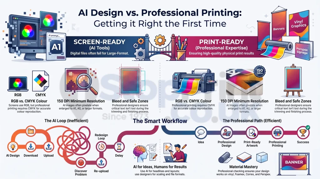 1 Stop Print - AI generated images for printing, AI poster design, large format printing London, poster printing London, professional graphic design London, print-ready artwork, Foamex board printing London, A1 poster printing, A0 poster printing.